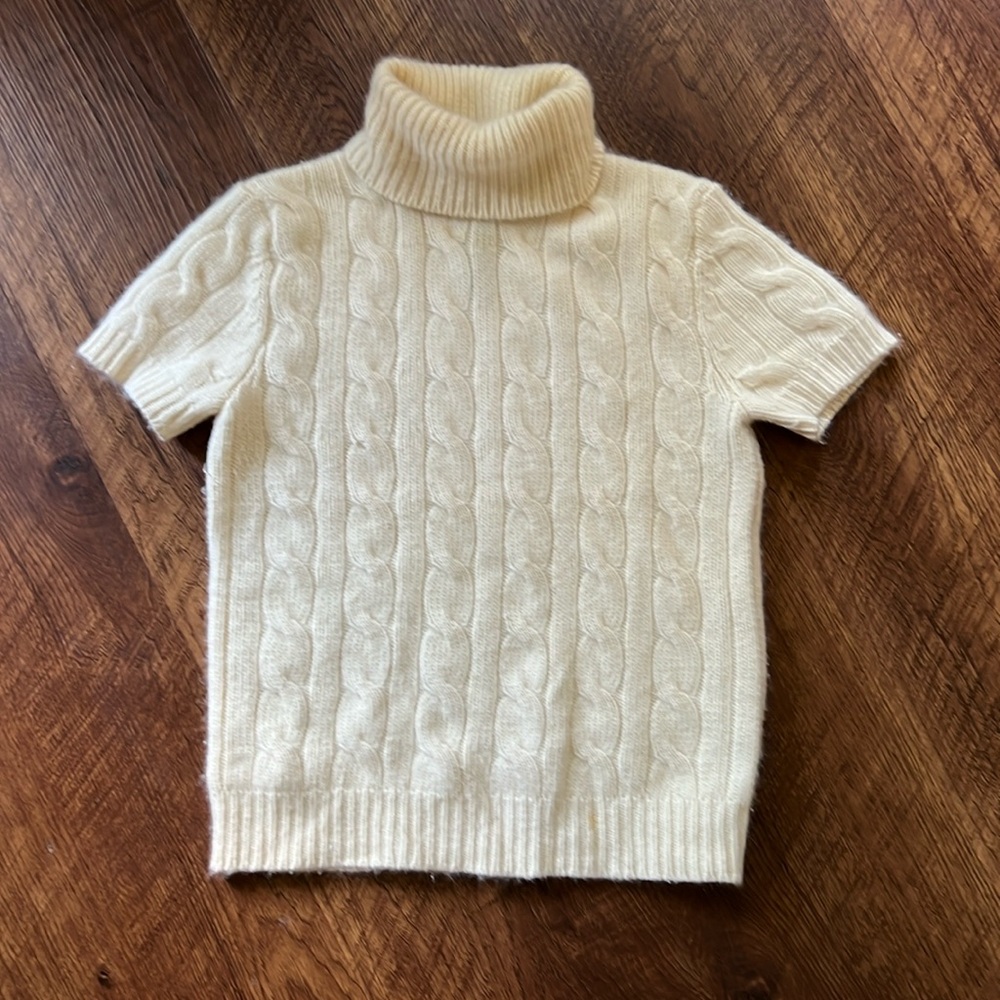 Ralph Lauren Mascarpone Cream Cable Knit Wool Short Sleeve Turtleneck Sweater